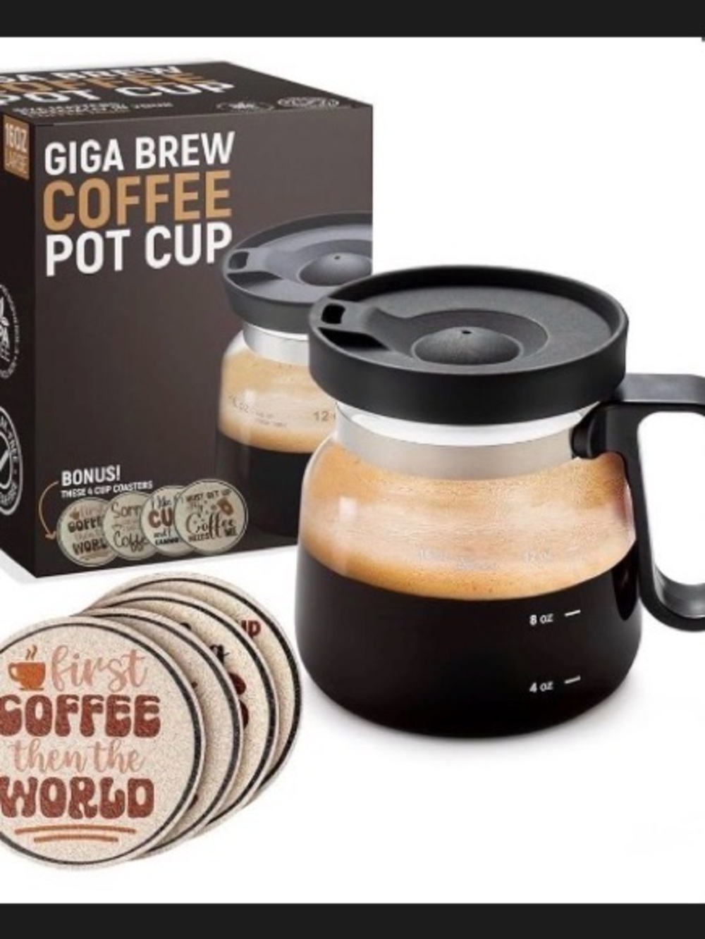 Black Coffee Pot Cup with Lid and Coasters Giga Brew Coffee Pot Mug funny Giga